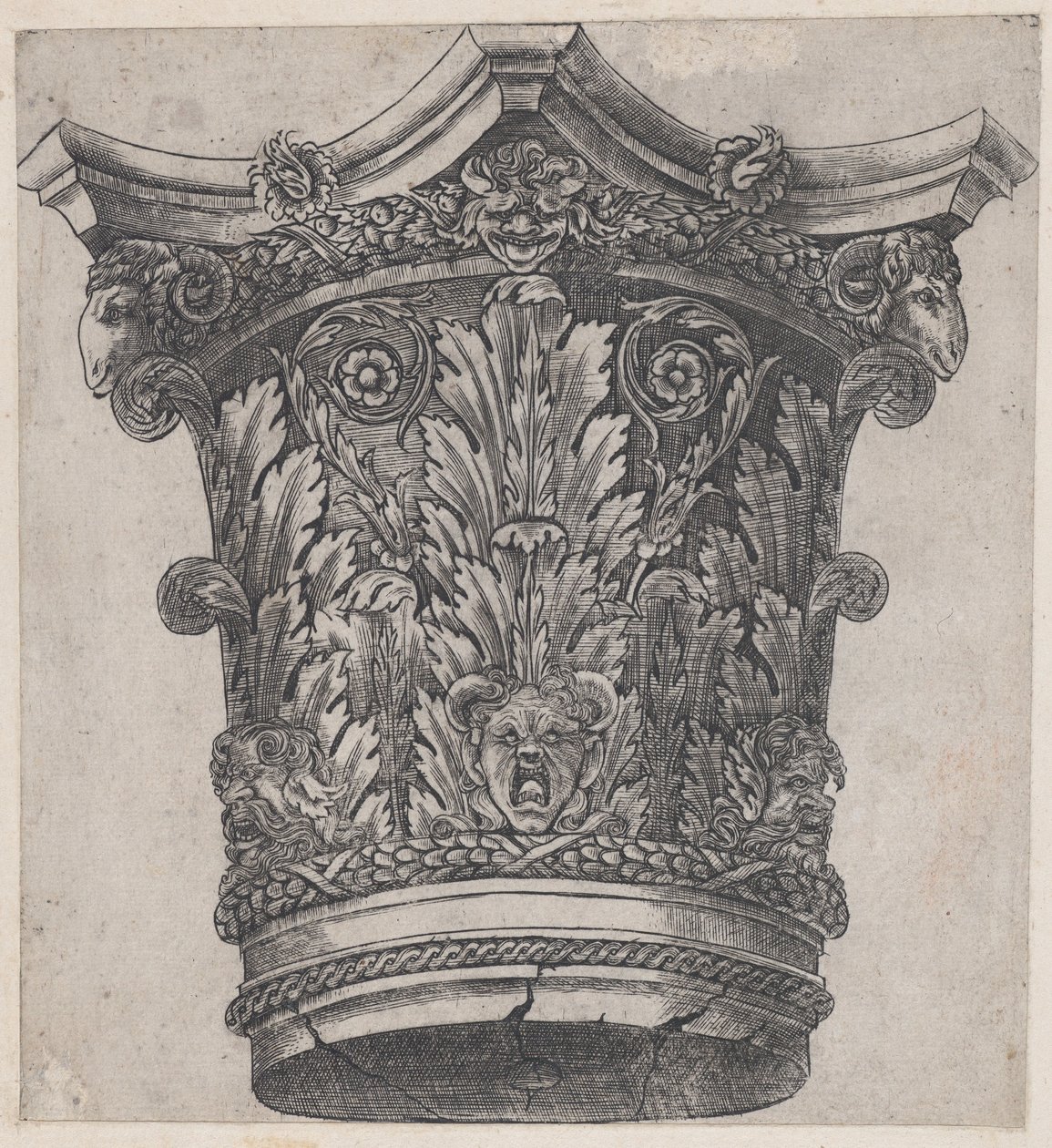Speculum Romanae Magnificentiae: Capital con cabezas de carnero y máscaras, ca. 1537 de Master GA
