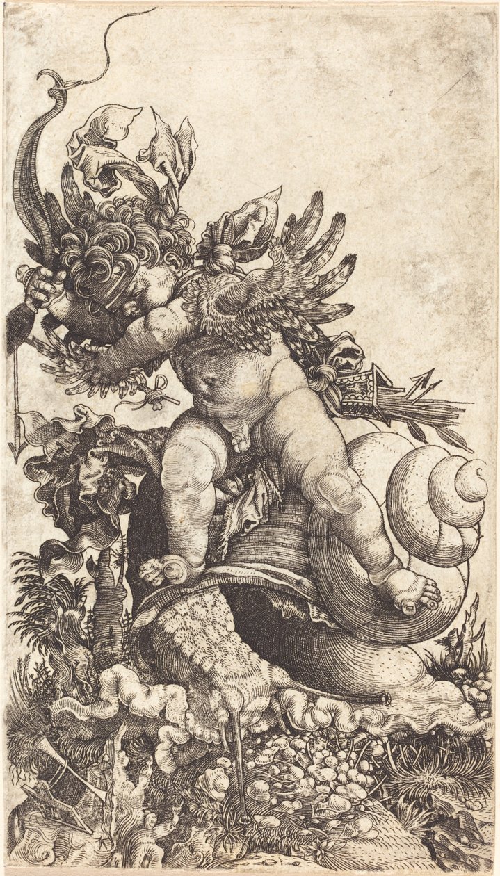 Cupido montando un caracol sobre vegetación de hongos de Master H.L.