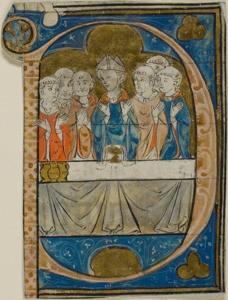 Obispo en misa en una inicial historiada "P" de un libro de coro de Master Honoré