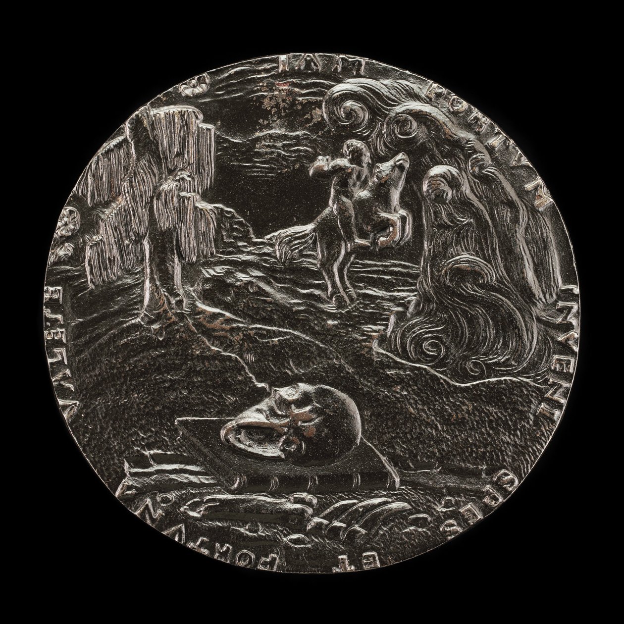 Libro, calavera, huesos y jinete en paisaje [reverso], 1526 de Master M.P.