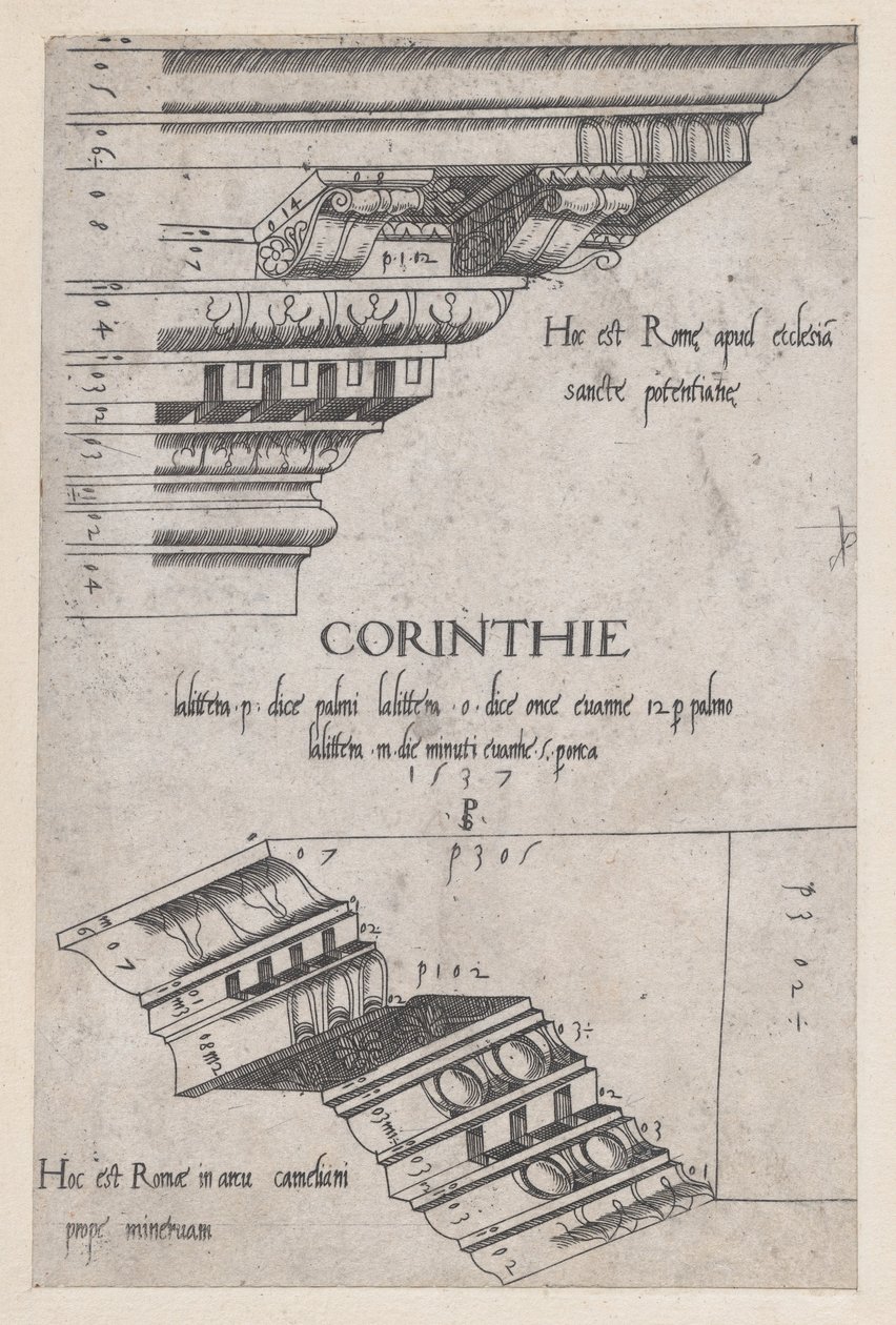Speculum Romanae Magnificentiae: Entablamentos de Santa Pudenziana y el Arco de Camigl..., 1537 de Master PS