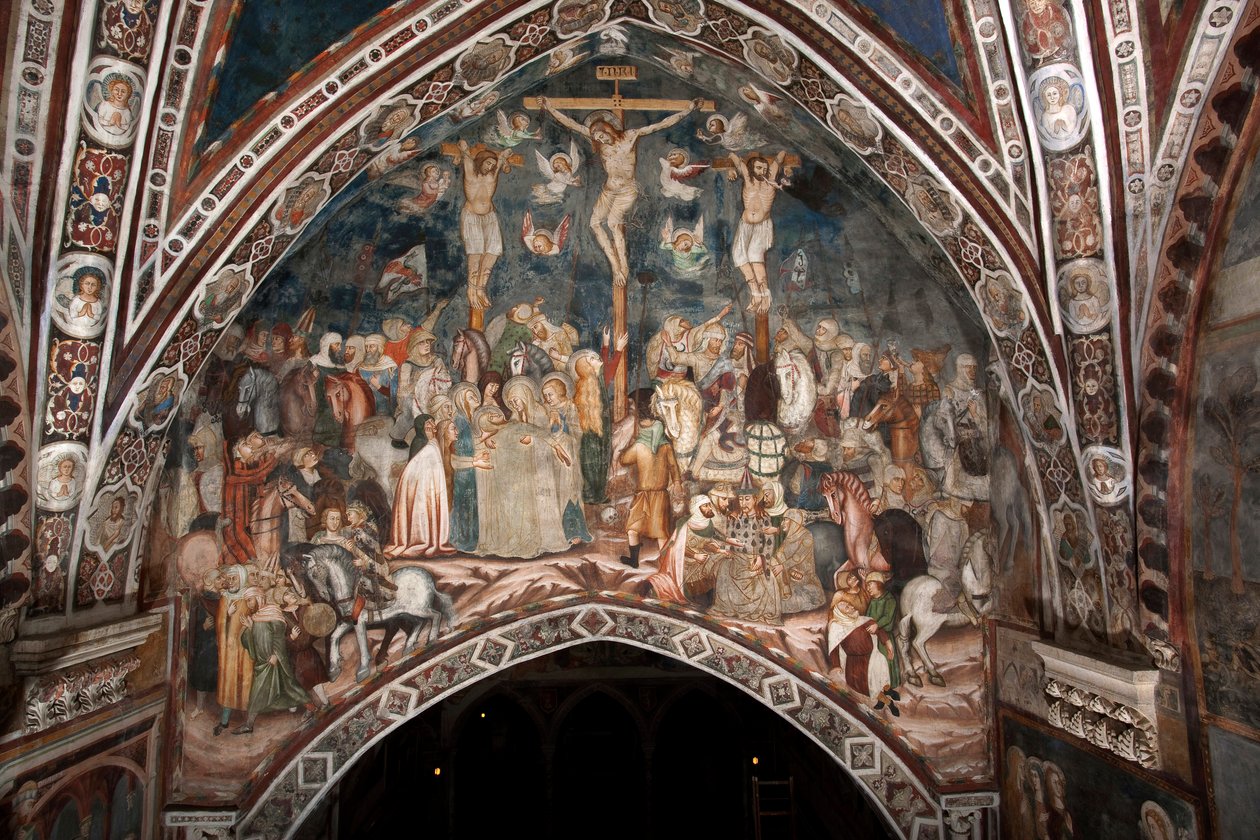 La Crucifixión, fresco del Maestro del Sacro Speco. Siglo XIV. Iglesia Superior. Monasterio de San Benedetto (Sacro Speco), Subiaco (Roma), Italia de Master Trecentesco of Sacro Speco School