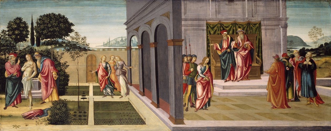 Susana y los ancianos en el jardín, y el juicio de Susana ante los ancianos, c.1500 de Master of Apollo and Daphne