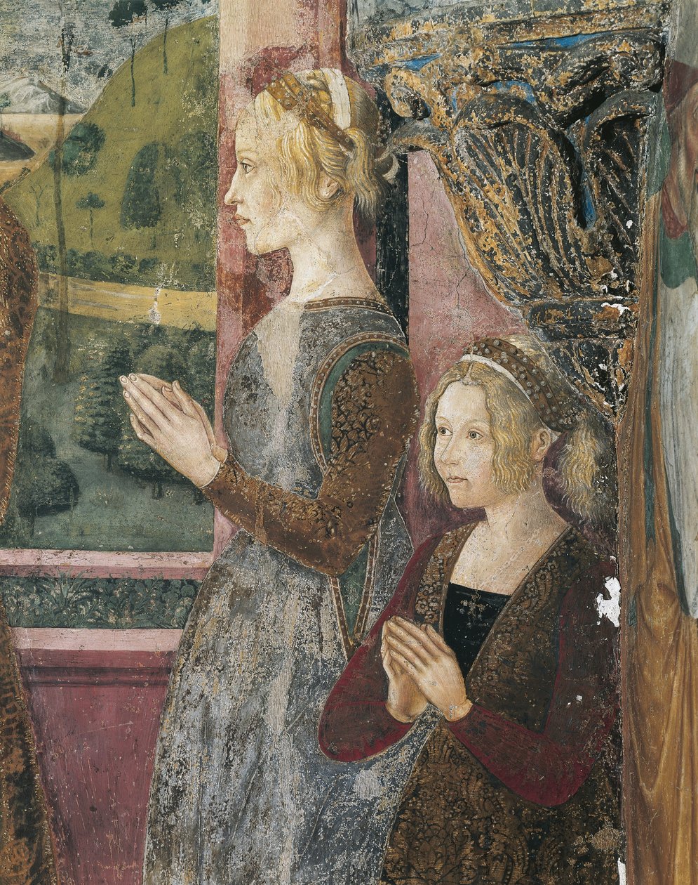 Italia, Región Piamonte, Provincia de Alessandria, Serralunga di Crea, Sacro Monte di Crea, Santuario de Santa María Asunta, Capilla de Santa Margarita de Antioquía, Fresco que representa a Paleólogo y Bernarda de Bosse. de Master of Crea