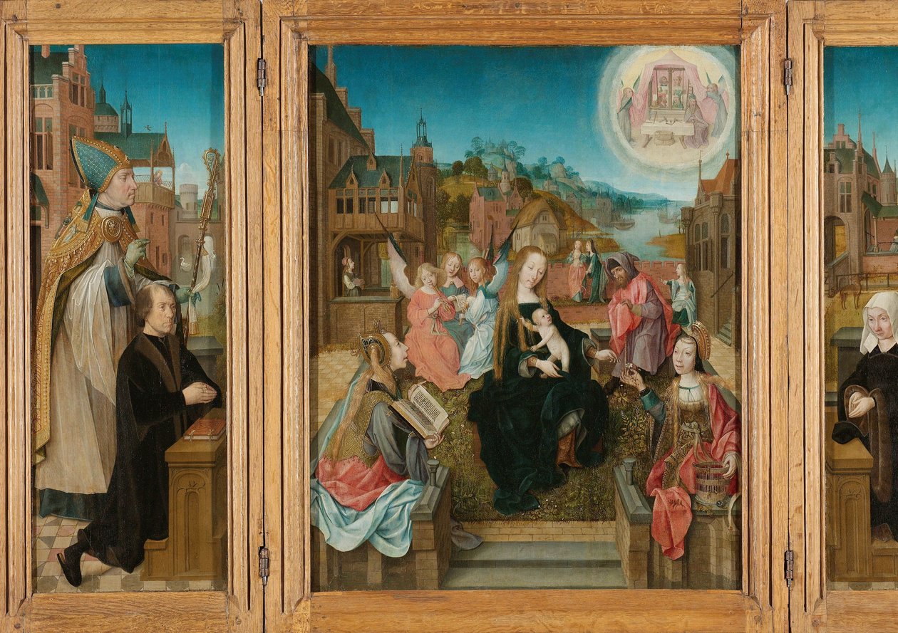 Tríptico con la Virgen y el Niño con los santos (centro), el donante masculino con San Martín (izquierda, ala interior), el donante femenino con Santa Cunera (derecha, ala interior) y la Anunciación (alas exteriores) de Master of Delft