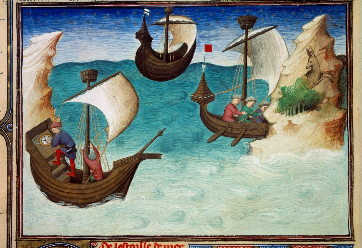 Navegantes en el Océano Índico orientados con estrellas y astrolabio. Miniatura en "El Libro de las Maravillas del Mundo", Ms. 2810, folio 188v iluminado por el Maestro de Egerton, escrito John (Jehan) de Mandeville (¿1300? 1382). Hacia 1410-1412. BN, Parí de Master of Egerton