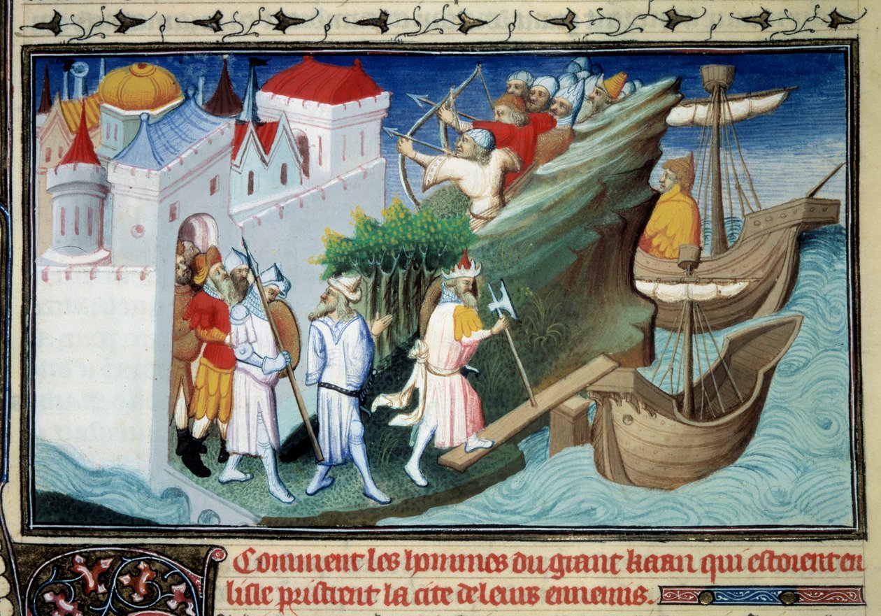 El Gran Khan contra los japoneses o "Cómo los hombres del Gran Khan que rodearon la Isla tomaron la Ciudad de sus enemigos". Miniatura extraída del "Libro de las maravillas" de Marco Polo (1254-1324). Iluminada por el Maestro de Egerton de Master of Egerton