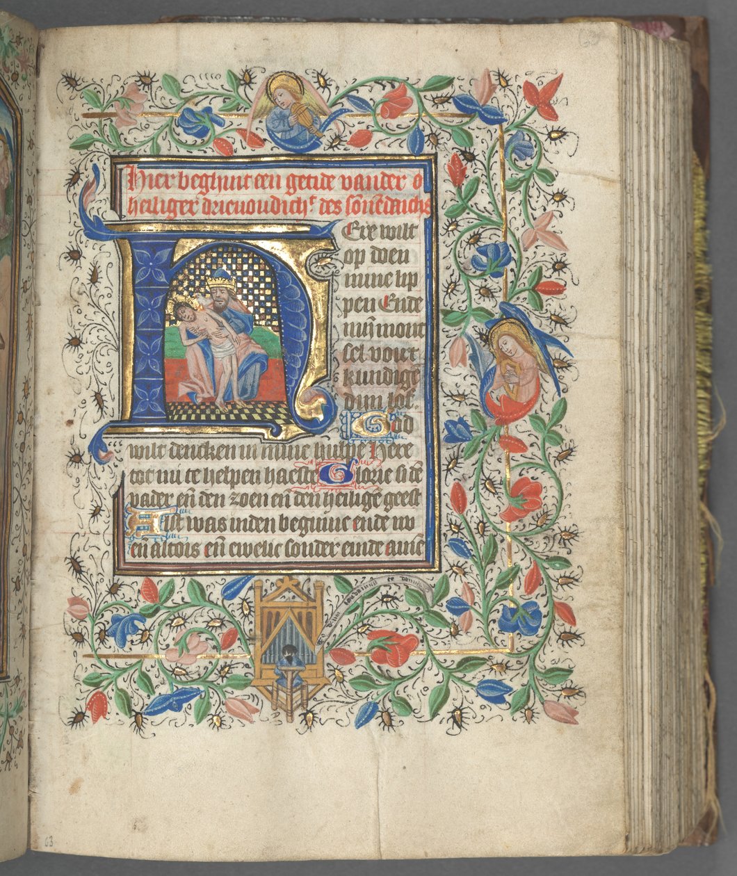 Libro de Horas Uso de Utrecht: fol. 63r, Inicial con la Santísima Trinidad de Master of Gijsbrecht van Brederode