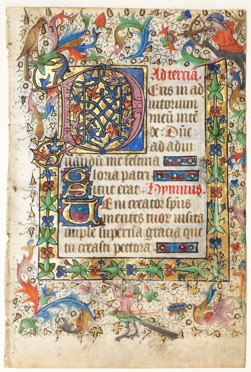 Hoja de Libro de Horas: D[eus] Inicial Decorada con Borde Foliado (Apertura de Tercia: Horas del Espíritu Santo) de Master of Guillebert de Mets