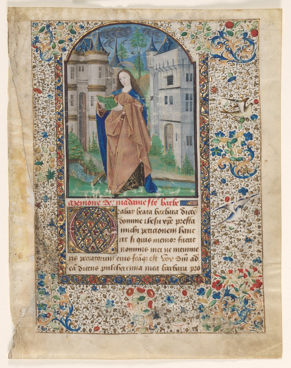 Hoja de un libro de horas: Santa Bárbara (2 de 2 hojas extirpadas) de Master of Jacques de Luxembourg