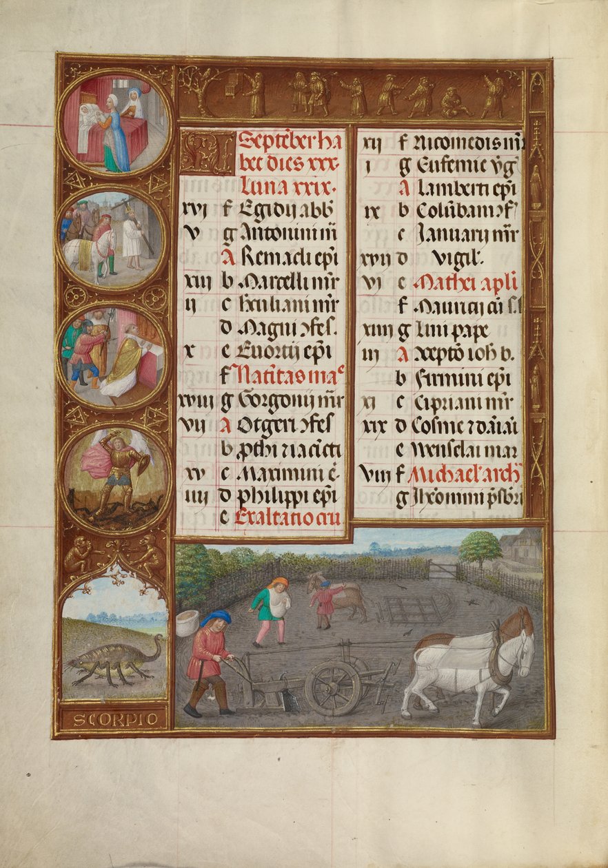 Página del calendario de septiembre; Arar y sembrar; Escorpio de Master of James IV of Scotland