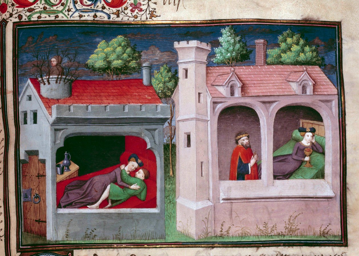 Escena galante: dos parejas conversando. Página de un manuscrito en francés del "Decamerón" de Giovanni Boccaccio dit Jean Boccace (1313-1375), escritor italiano, iluminado por el Maestro de Mansel. 1450. París, Biblioteca del Arsenal de Master of Jean Mansel