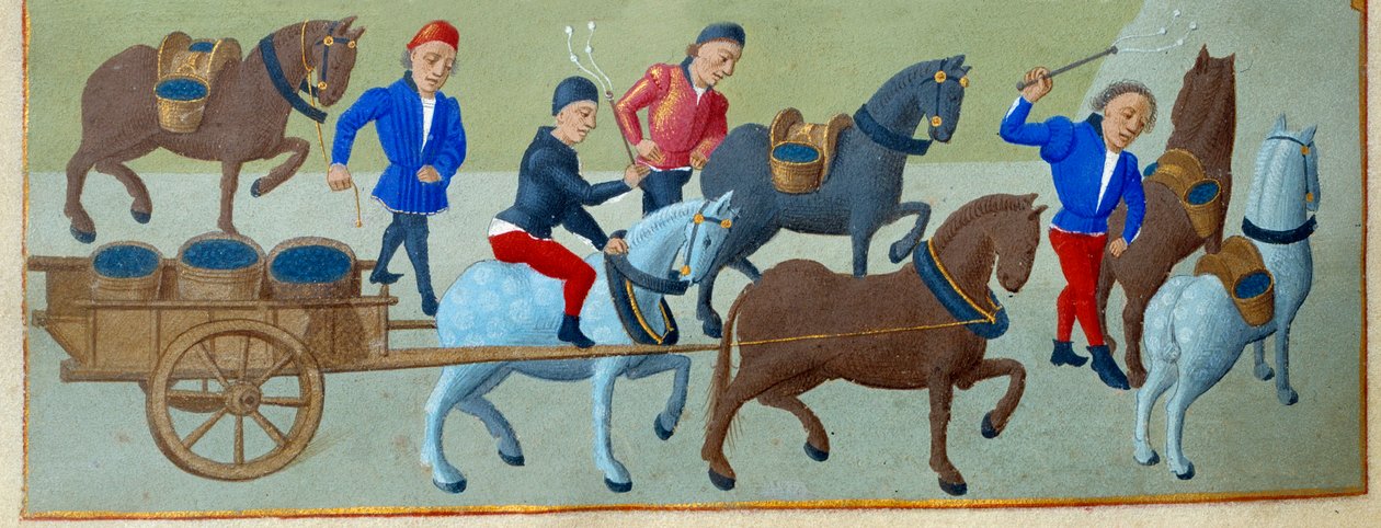 La vendimia y el transporte (detalle) de un manuscrito iluminado tomado del "Libro de Horas de la Duquesa de Borgoña, Adelaida de Saboya" por el Maestro de Adelaida de Saboya (siglo XV) y el Maestro de Jean Rolin (siglo XV) de Master of Jean Rolin II