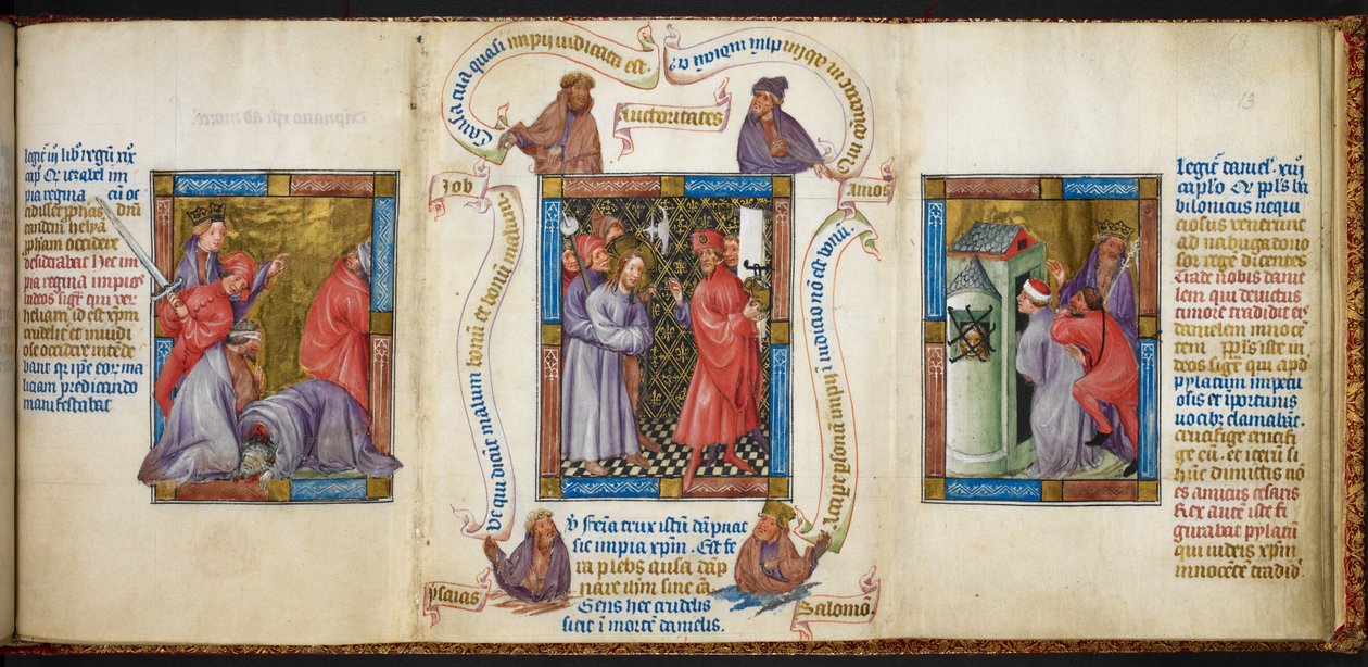 Tres escenas que representan "La matanza de los profetas", "Cristo ante Pilato" y "El encarcelamiento de Daniel", ilustración de "Biblia Pauperum". de Master of Margaret of Cleves