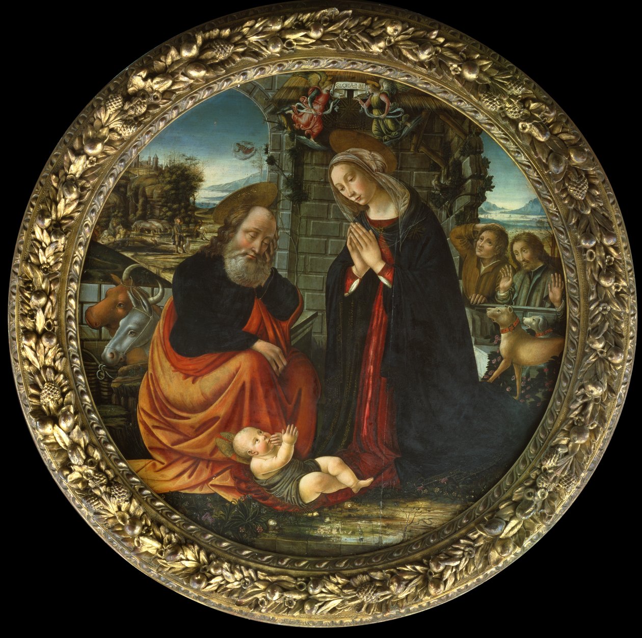 La Natividad, con María y José en el camino a Belén, la Anunciación a los pastores y la llegada de los pastores de Master of Marradi