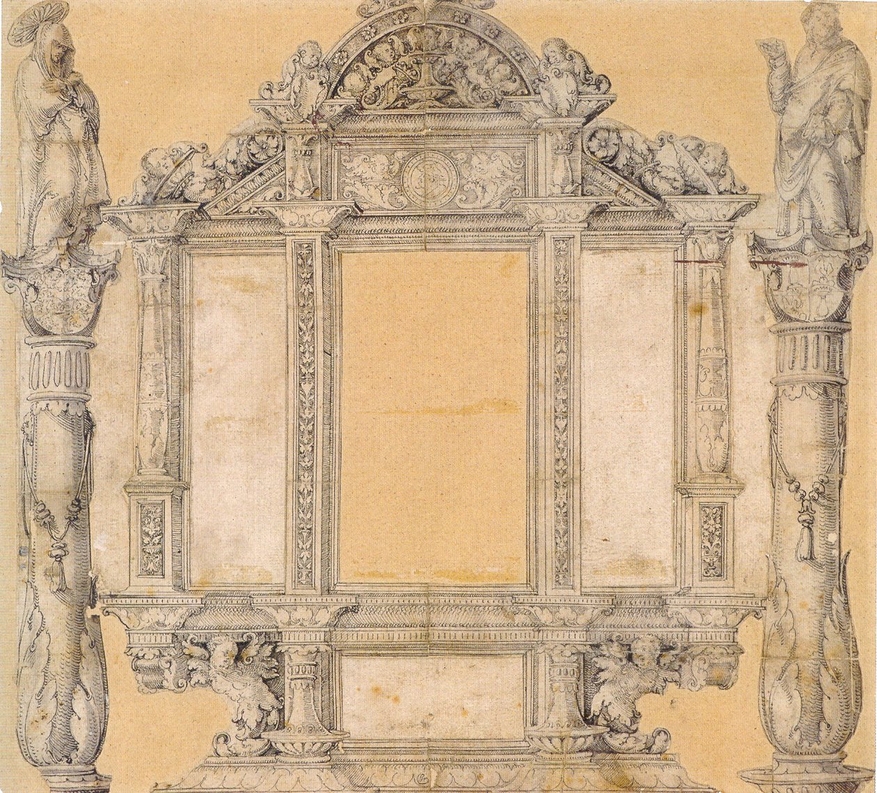 Alemán: Entwurf für das Rahmenwerk des ehemaligen Hochaltarretabels von St. Martin in Meßkirch Borrador para el marco del antiguo retablo del altar mayor de San Martín en Messkirch de Master of Messkirch