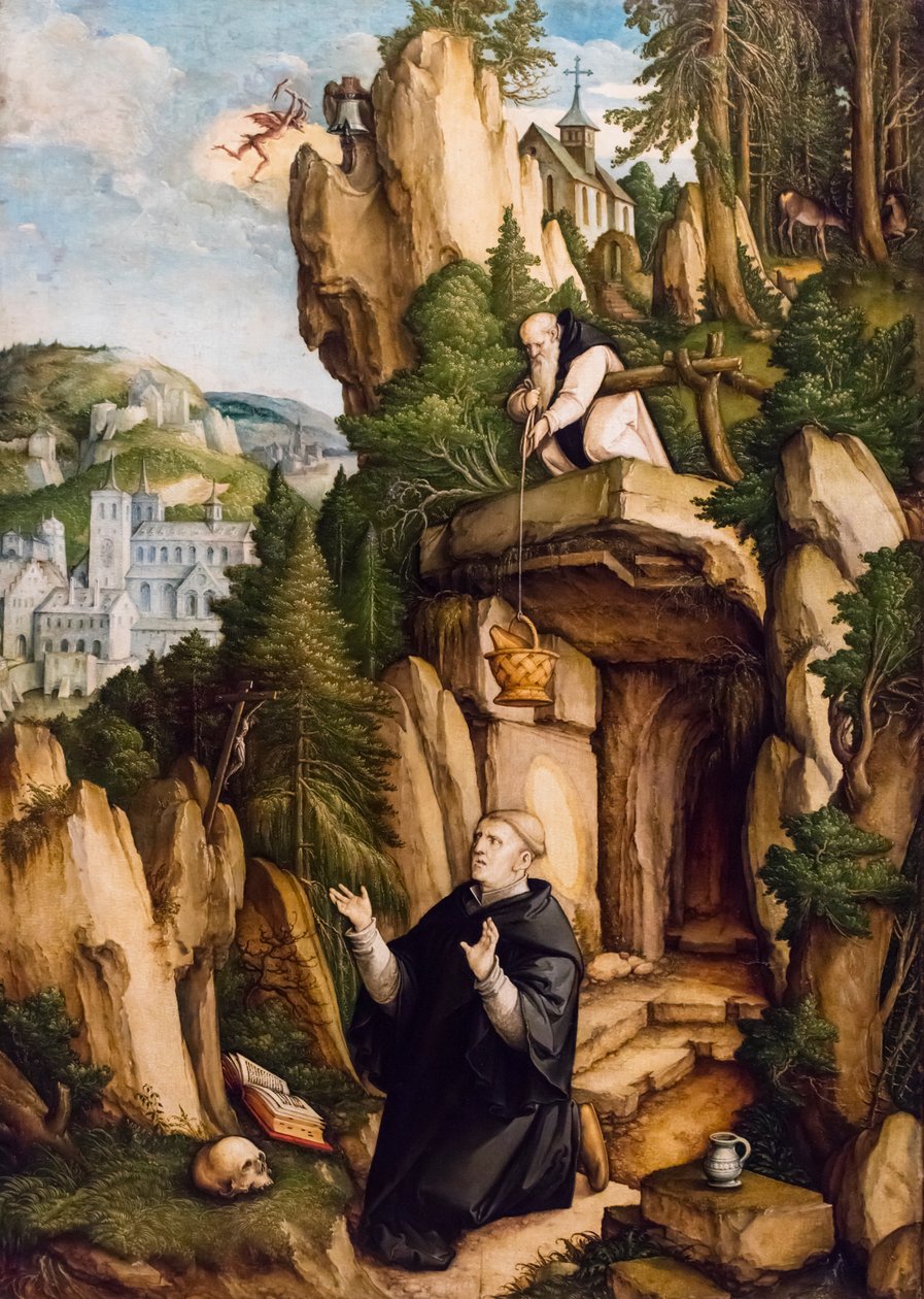 San Benito como ermitaño orante, hacia 1540 (Témpera y óleo sobre madera (tilo americano)) de Master of Messkirch