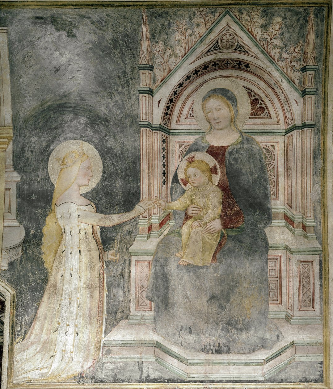 Matrimonio espiritual de Cristo con Santa María Magdalena, detalle. (circa 1377, Fresco colocado sobre lienzo) de Master of Mocchirolo