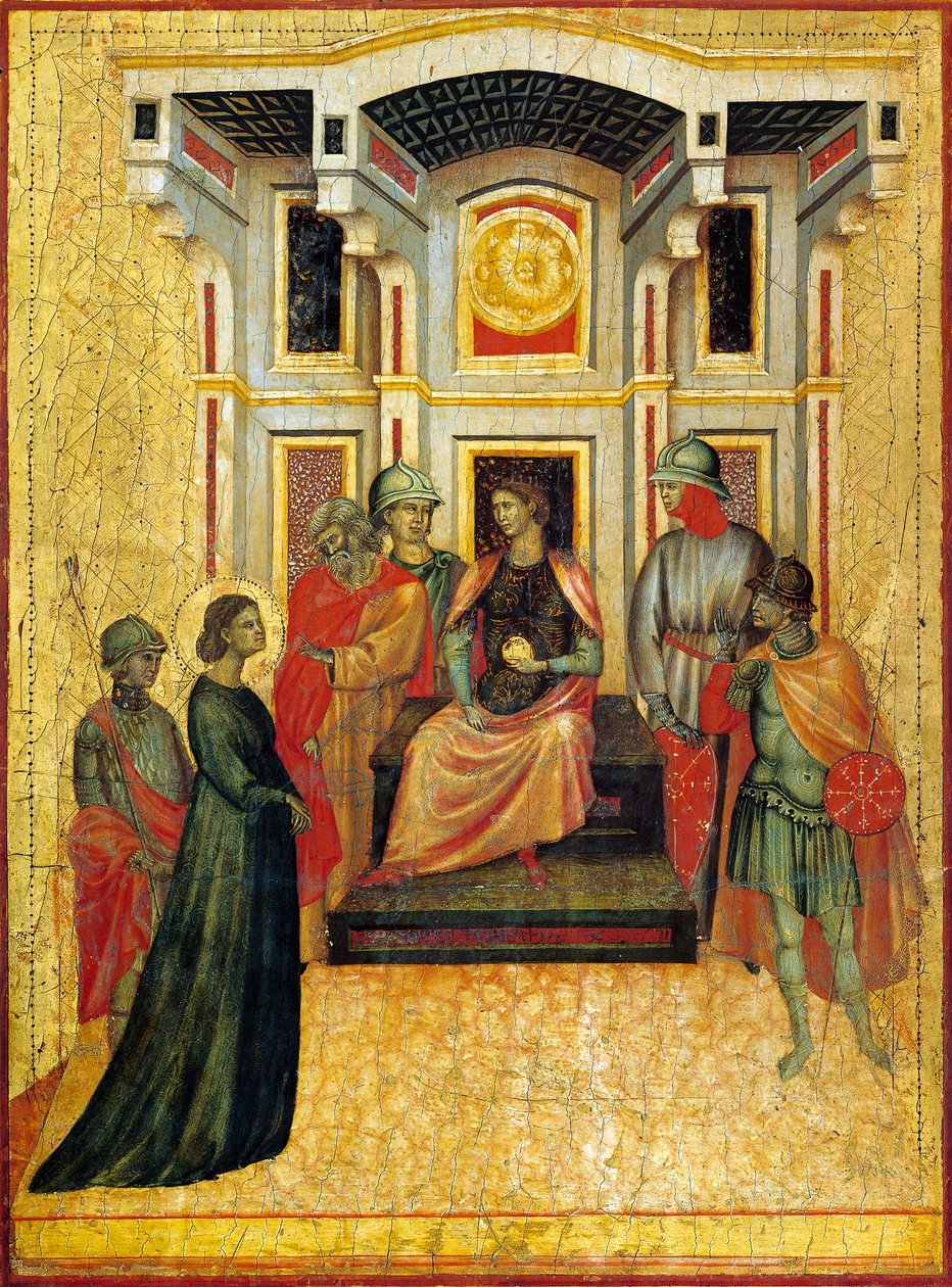 Santa Cecilia contrastando asuntos de fe con el prefecto, detalle del retablo que representa la Leyenda de Santa Cecilia, hacia 1304, del Maestro de Santa Cecilia (activo a principios del siglo XIV), temple sobre tabla y estampado en pan de oro, 85x181 cm de Master of Saint Cecilia