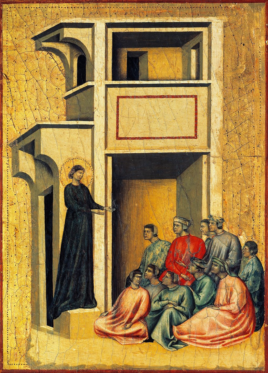 Santa Cecilia convirtiendo a los soldados del prefecto, detalle del retablo que representa la Leyenda de Santa Cecilia, hacia 1304, del Maestro de Santa Cecilia (activo a principios del siglo XIV), temple sobre tabla y estampado en pan de oro, 85x181 cm de Master of Saint Cecilia