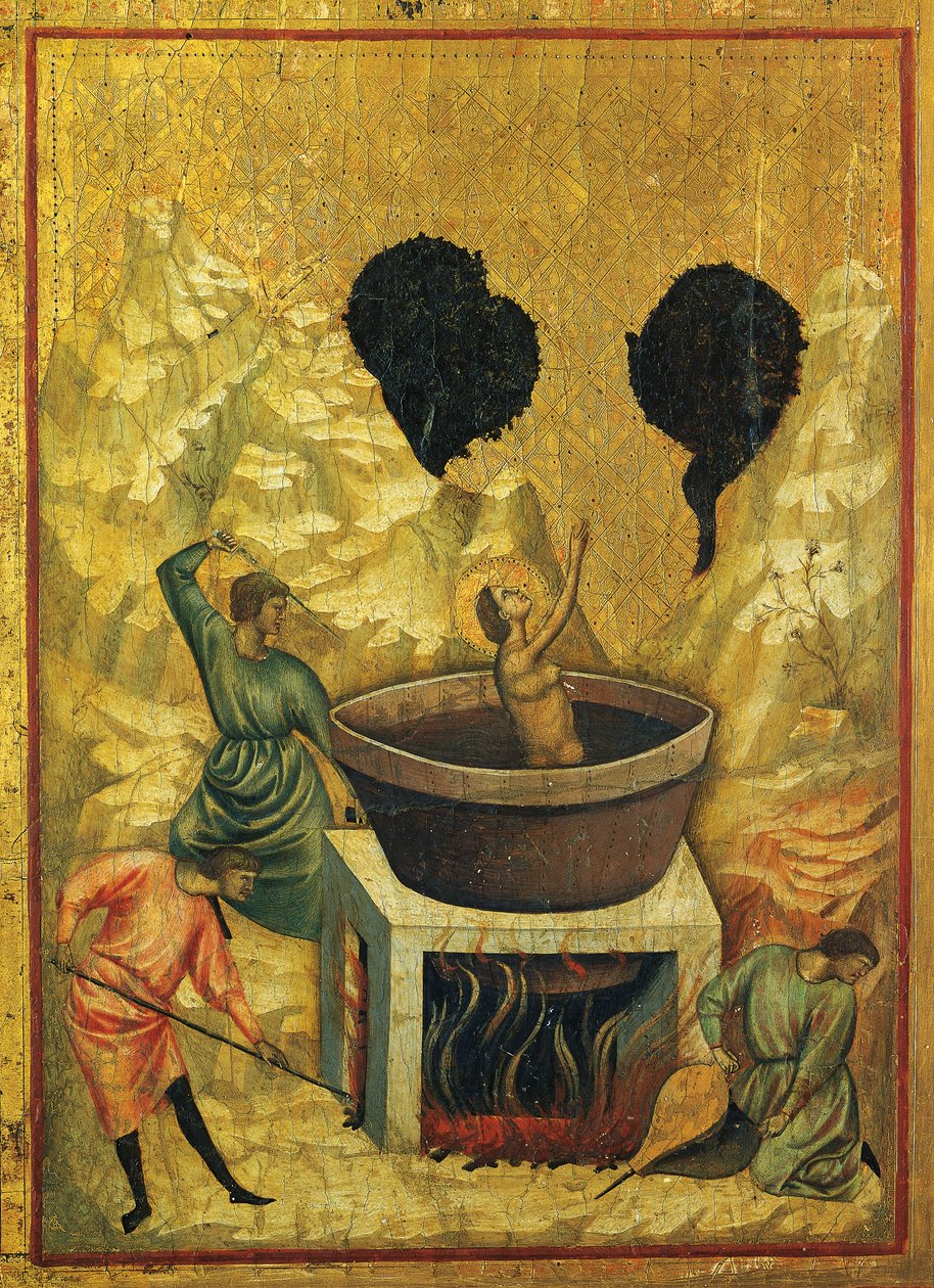 Santa Cecilia en el baño de agua hirviendo, detalle del retablo de Historias de Santa Cecilia, hacia 1304, el Maestro de Santa Cecilia (activo a principios del siglo XIV), temple sobre tabla y hoja de oro estampada, 85x181 cm de Master of Saint Cecilia