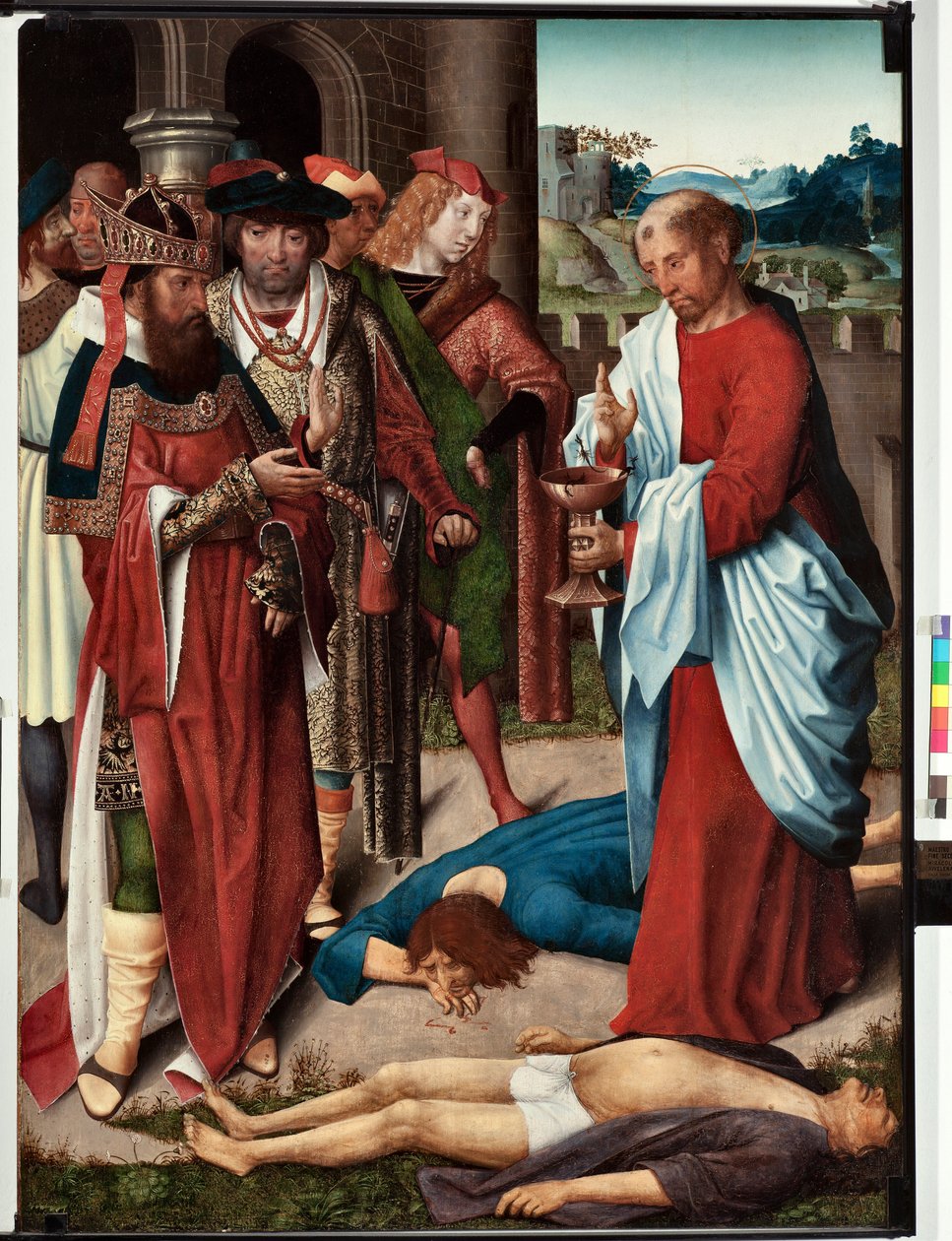 Episodio de la vida de San Juan evangelista: "El milagro de la copa de veneno" (Vida de San Juan evangelista, San Juan bebe una copa de veneno) Pintura del maestro de San Juan evangelista (finales del siglo XV) Dim 120x90 cm Gen de Master of Saint John Evangelist