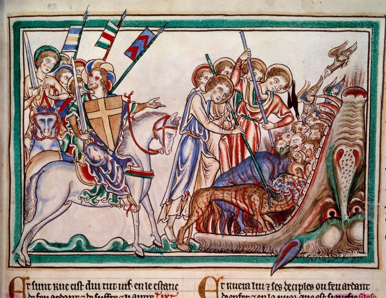 El Señor y su Armee (ost) precipitando a la Bete y a sus adoradores en el Infierno. Miniatura del manuscrito "Apocalypse historiee", Folio 38. 1250. Iluminación del Maestro de Sarum. París, NL de Master of Sarum