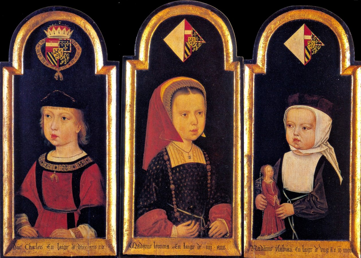 Archiduque Carlos, el futuro emperador del Sacro Imperio Romano Germánico Carlos V, con sus hermanas Leonor e Isabel a la edad de 2 años, 1502 de Master of St.Georgsgilde