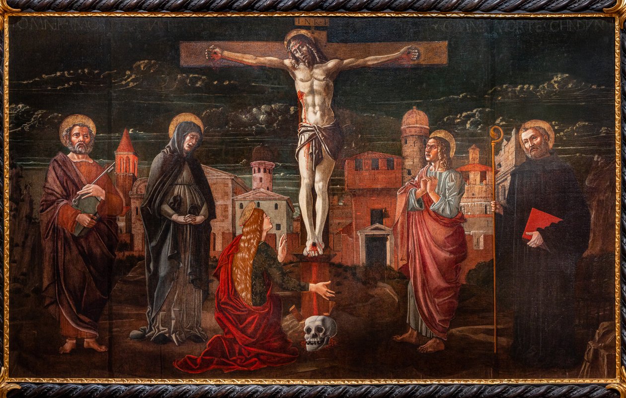 Cristo crucificado entre San Pedro, la Virgen, María Magdalena, San Juan apóstol y San Benito de Master of St. Peter in Vicenza