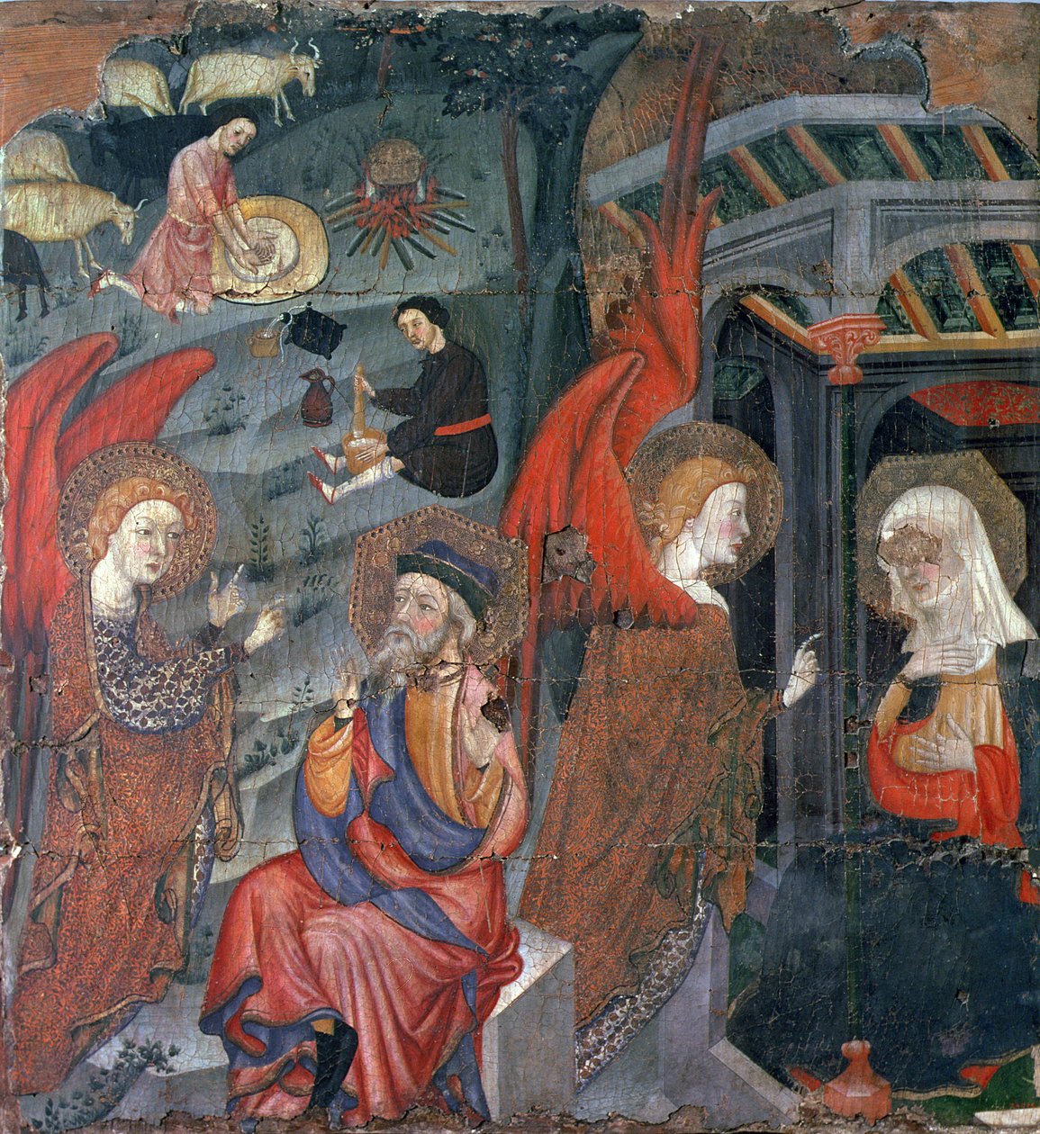 La Anunciación con pastores haciendo queso al fondo, de un retablo dedicado a la Virgen, de Tora, Segarra, Lleida (temple sobre tabla) de Master of Tora