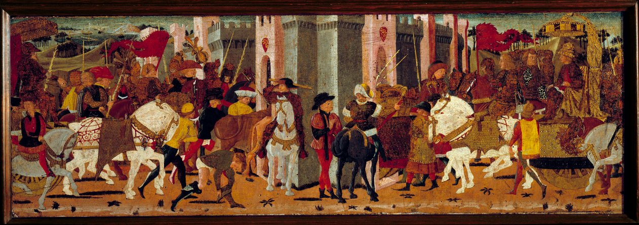 Entrada triunfal del emperador romano Vespasiano (9-79) y de su hijo Tito en Roma. Detrempe sobre madera del Maestro De Tournon De Sainte Croix de Master of Tournon de Sainte Croix