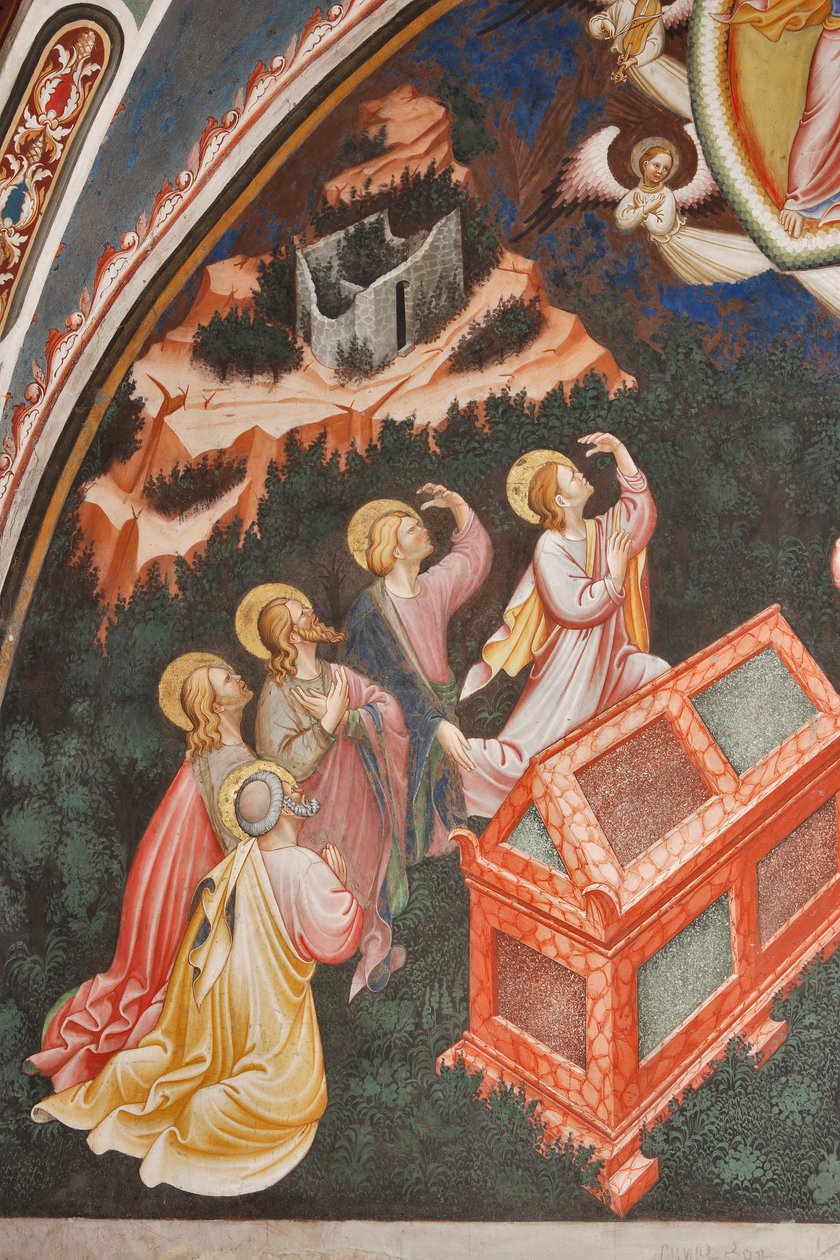 "Asunción de la Virgen" y "la Virgen María dejando caer el cinturón o Santo Cinturón a Santo Tomás", Detalle de apóstoles, c.1420 (fresco) de Master of Vignola