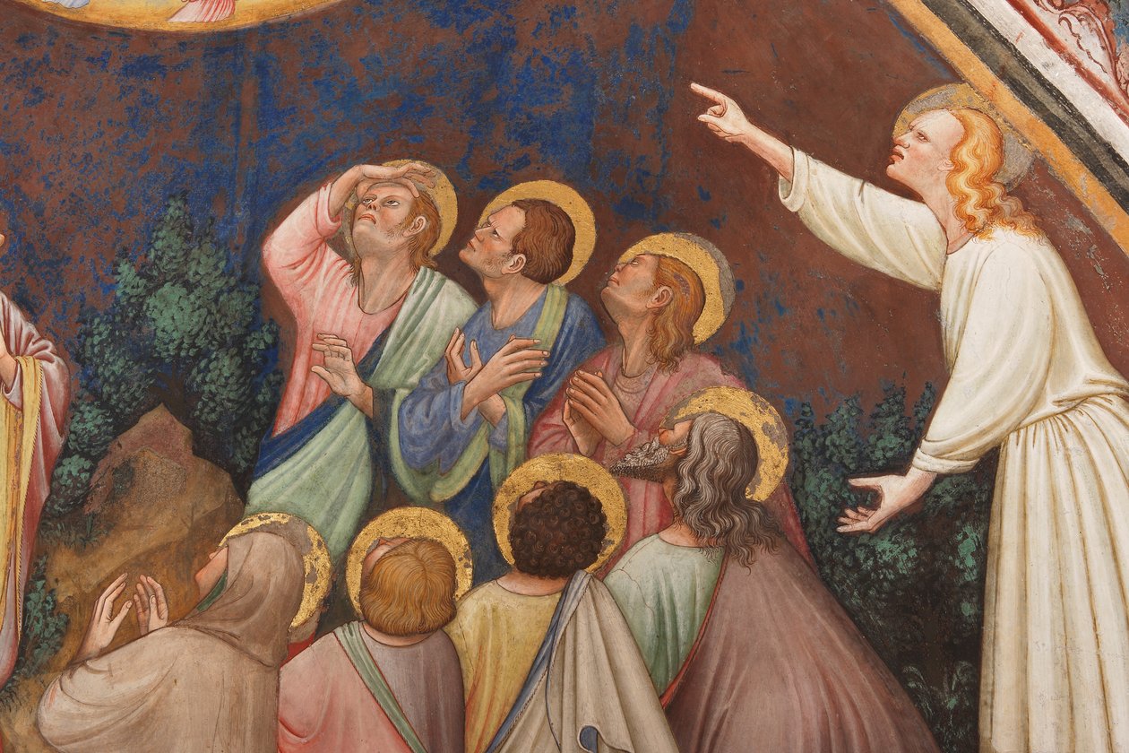 "La Ascensión de Cristo", Detalle con figuras masculinas y santos, c.1420 (fresco) de Master of Vignola