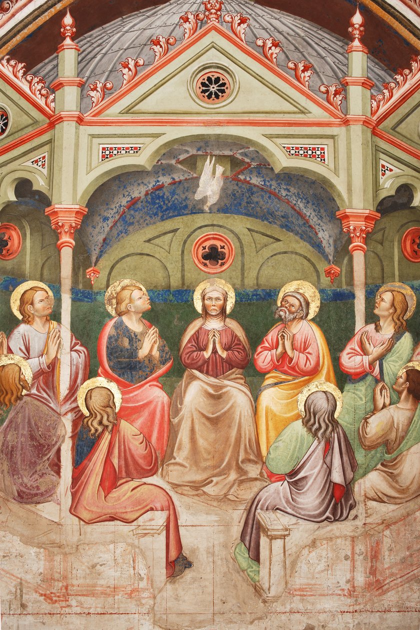 "El Pentecostés", Detalle con santos orantes y la Virgen María, y la paloma, c.1420 (fresco) de Master of Vignola
