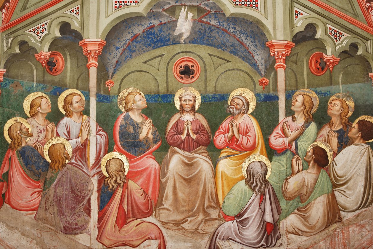 "El Pentecostés", Detalle con santos orantes y la Virgen María, y la paloma, c.1420 (fresco) de Master of Vignola