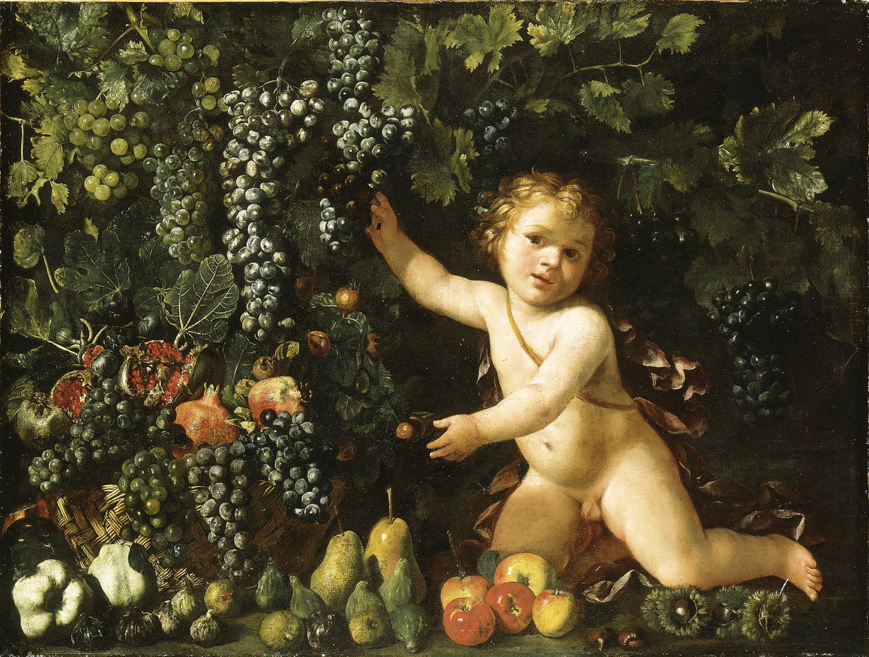 Uvas en la vid, granadas, uvas y escaramujos en una cesta, con higos, manzanas, peras y castañas junto a un putto de Master of the Acquavella Still Life