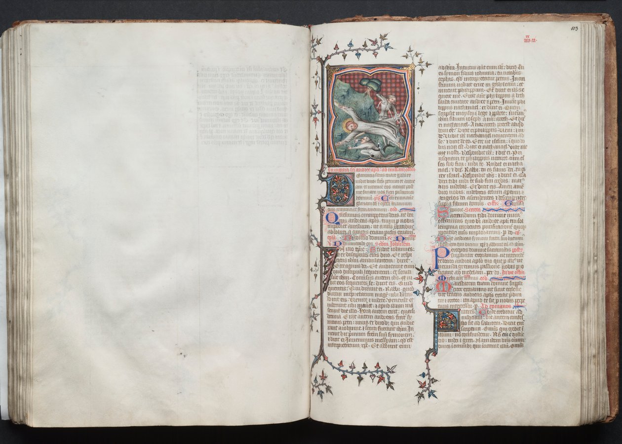 El misal de Gotha: Fol. 102v, texto, c. 1375 de Master of the Boqueteaux