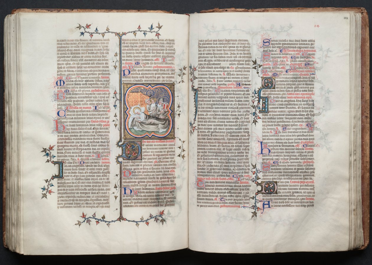 El misal de Gotha: Fol. 113v, El nacimiento de Juan el Bautista, c. 1375 de Master of the Boqueteaux