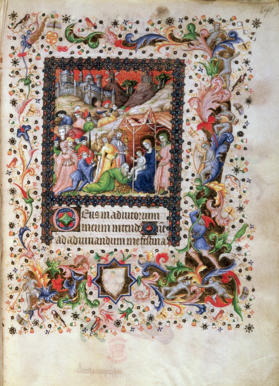 Add 29433 f.67 Adoración del Niño, de un Libro de Horas, c.1407 (vitela) de Master of the Brussels Initials