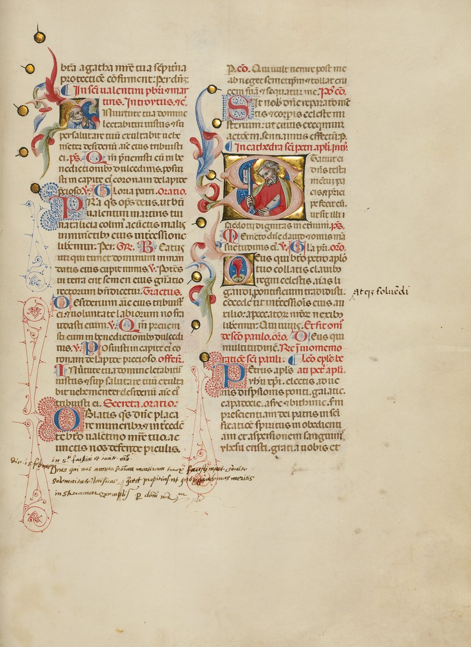 Inicial I: San Valentín; Inicial S: San Pedro de Master of the Brussels Initials