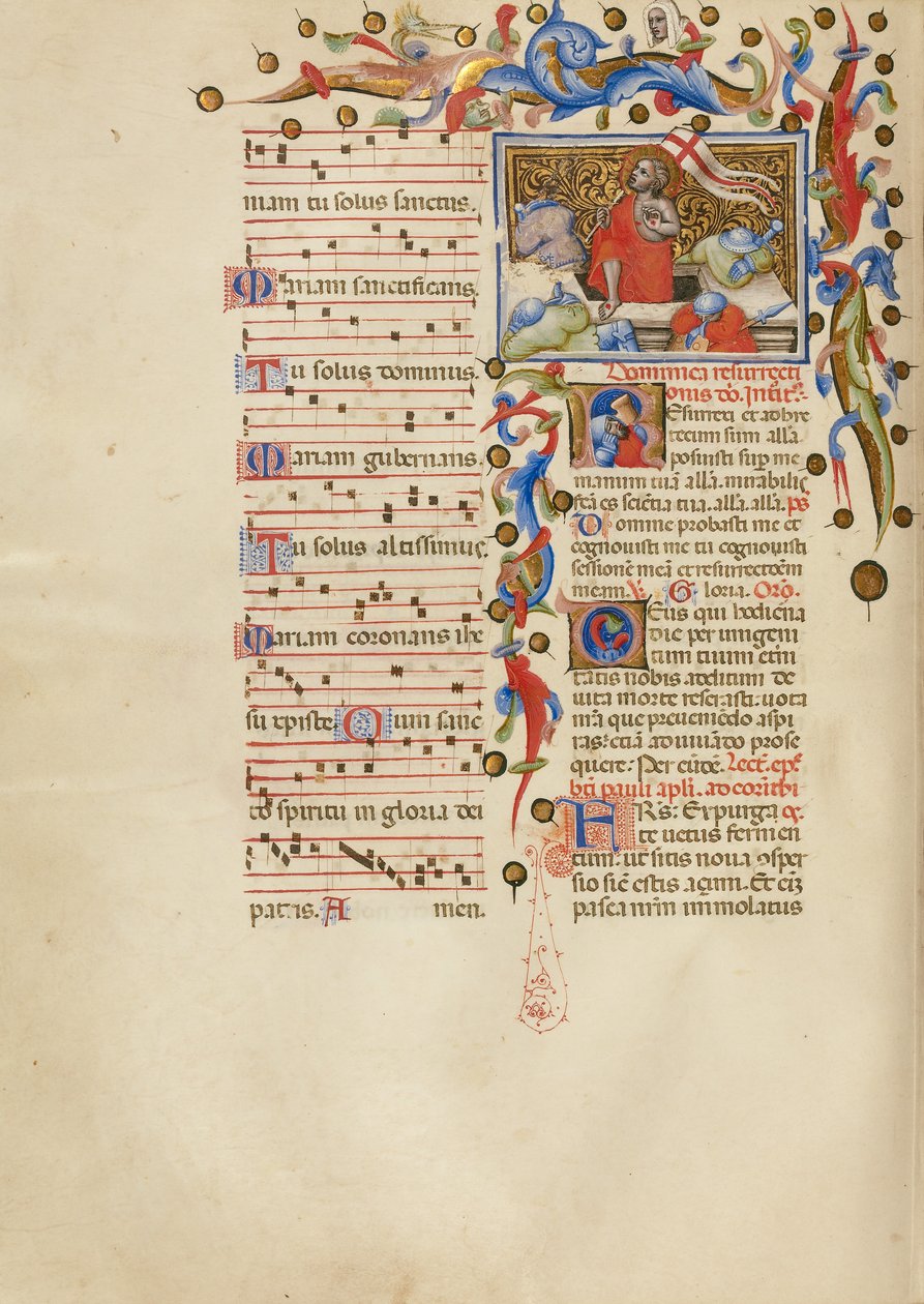 La resurrección; Inicial R: Un soldado dormido de Master of the Brussels Initials