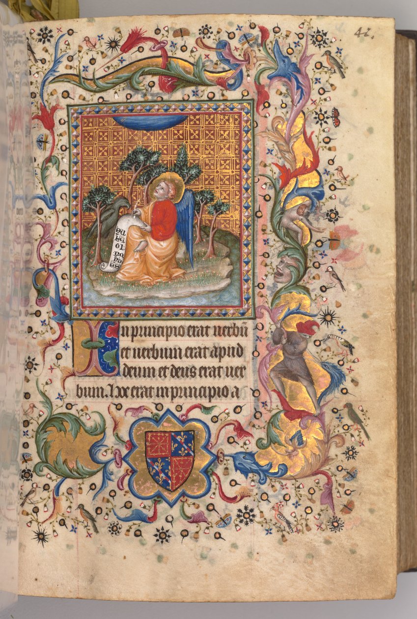 Horas de Carlos el Noble, rey de Navarra (1361-1425): fol.1r, San Juan Evagelista de Master of the Brussels Initials and Associates