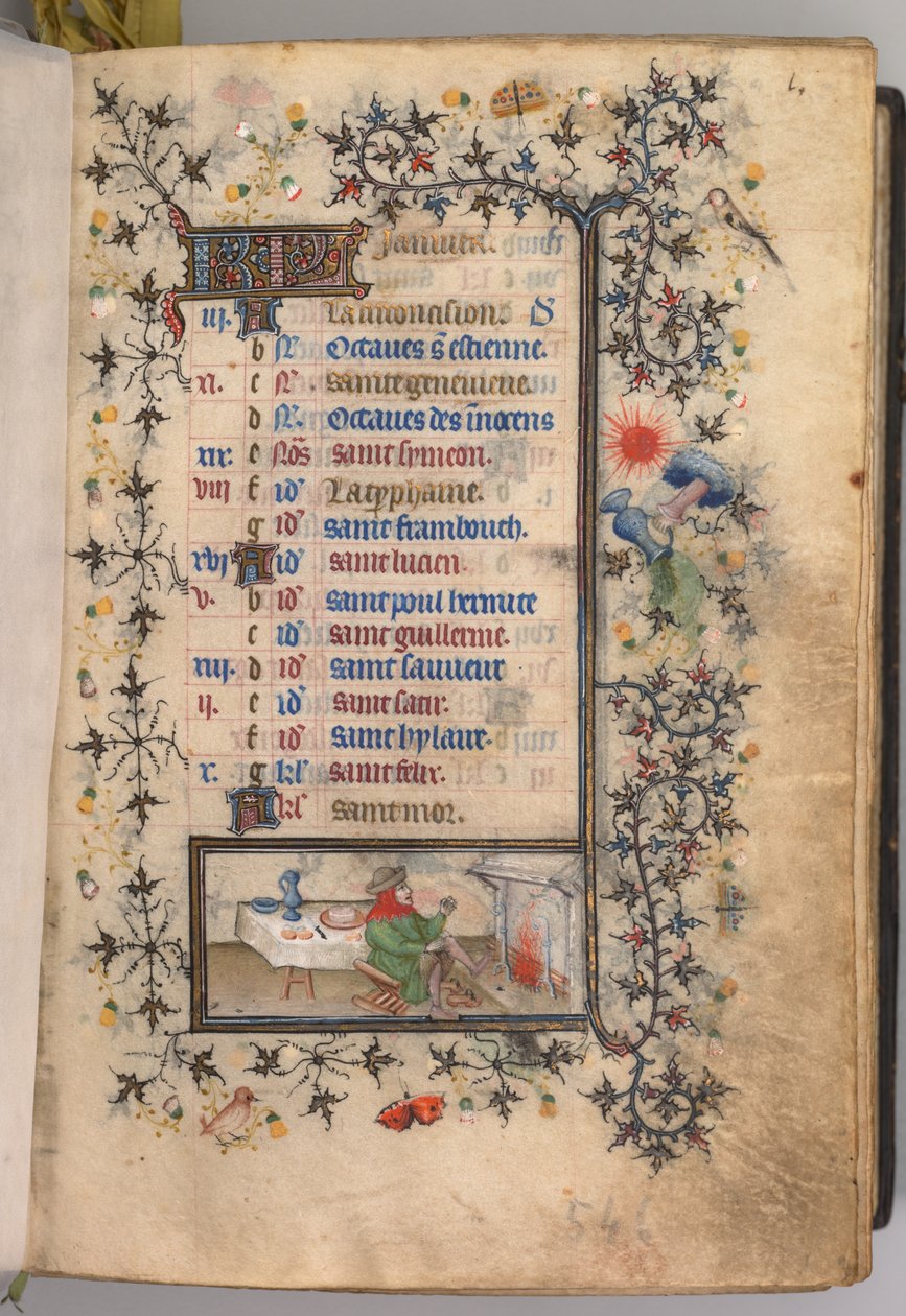 Horas de Carlos el Noble, Rey de Navarra 1361-1425: fol. 1r, enero de Master of the Brussels Initials and Associates