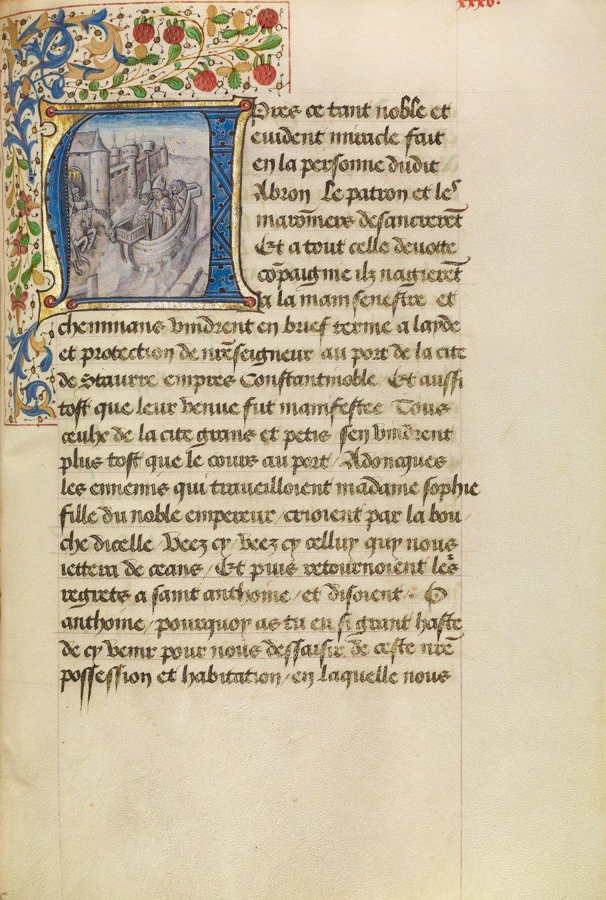 Inicial A: Llegada de los barcos a Constantinopla de Master of the Brussels Romuléon