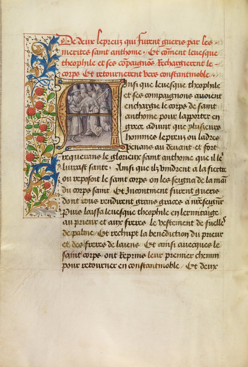 Inicial A: El cuerpo de San Antonio transportado a Constantinopla y la curación de dos leprosos tras tocar el cuerpo del Santo de Master of the Brussels Romuléon