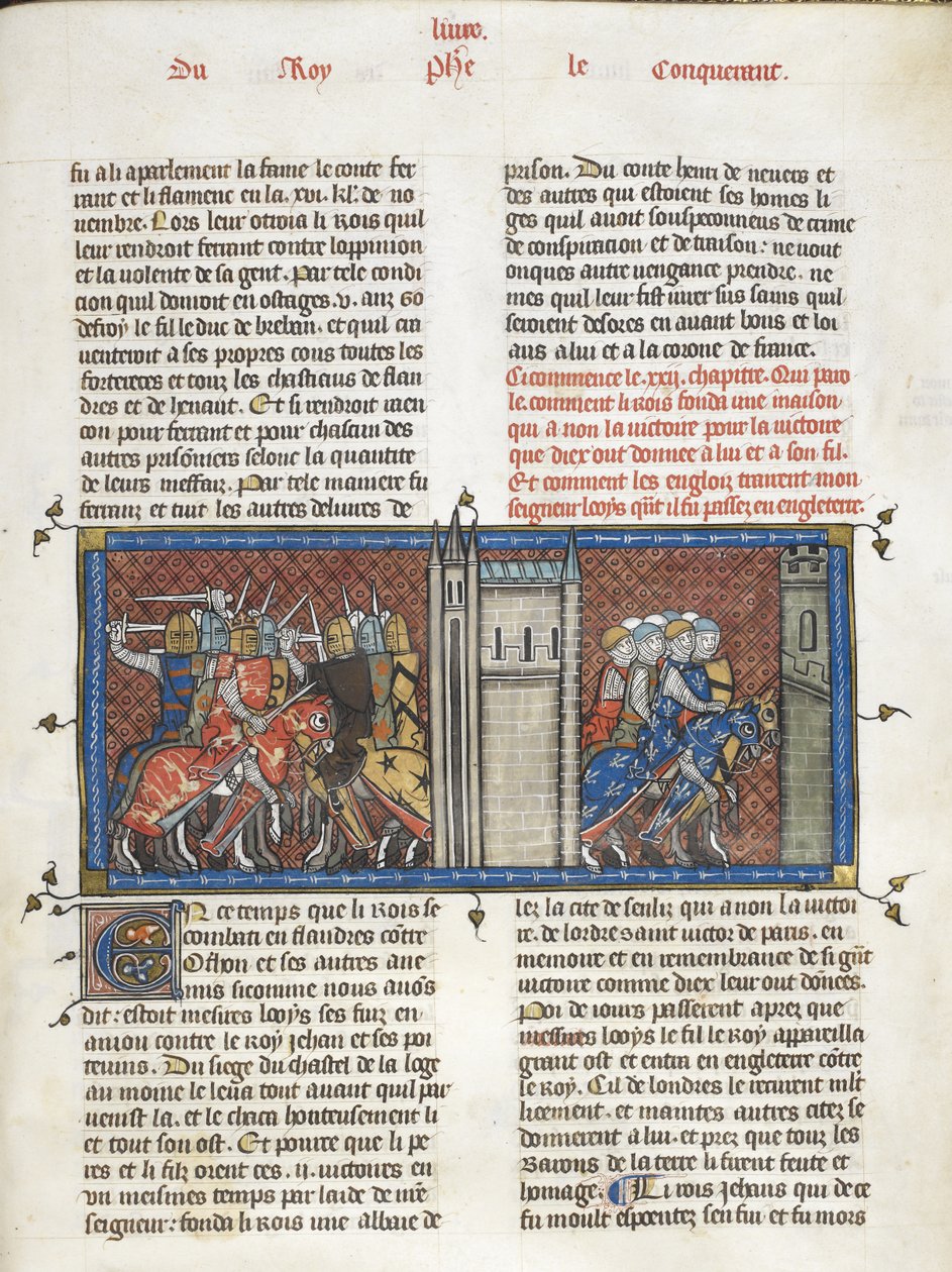 Royal 16 G. VI f.385 Una batalla con Juan, rey de Inglaterra, y Luis VIII en marcha, de 