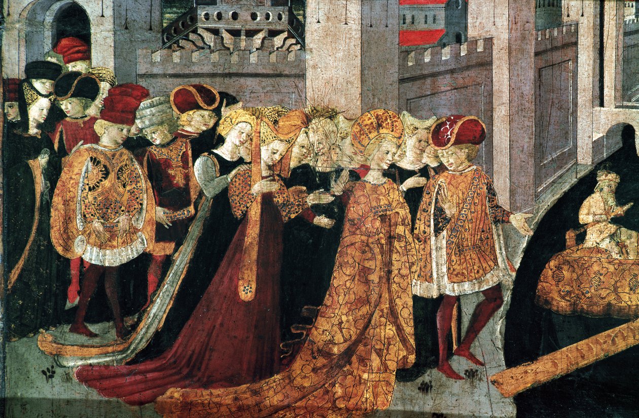 Decamerón de Boccaccio: el Chatelain Pericone recibe a Alatiel, hija del sultán de Babilonia Beminedab y su séquito en la isla de Mallorca de Master of the Cassoni