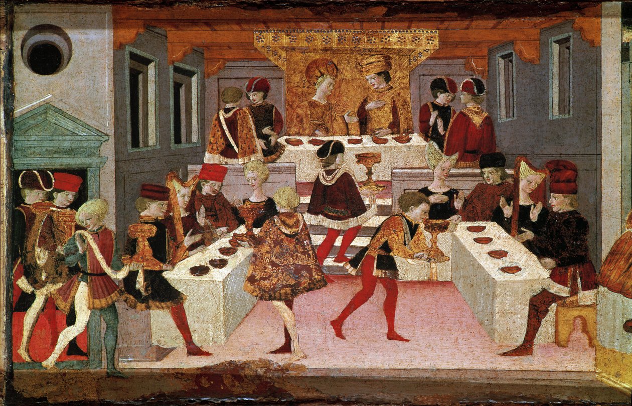 Decamerón de Boccaccio: el banquete organizado por Chatelain Pericone para dar la bienvenida a Alatiel, hija del sultán de Babilonia Beminedab y su séquito en la isla de Mallorca de Master of the Cassoni