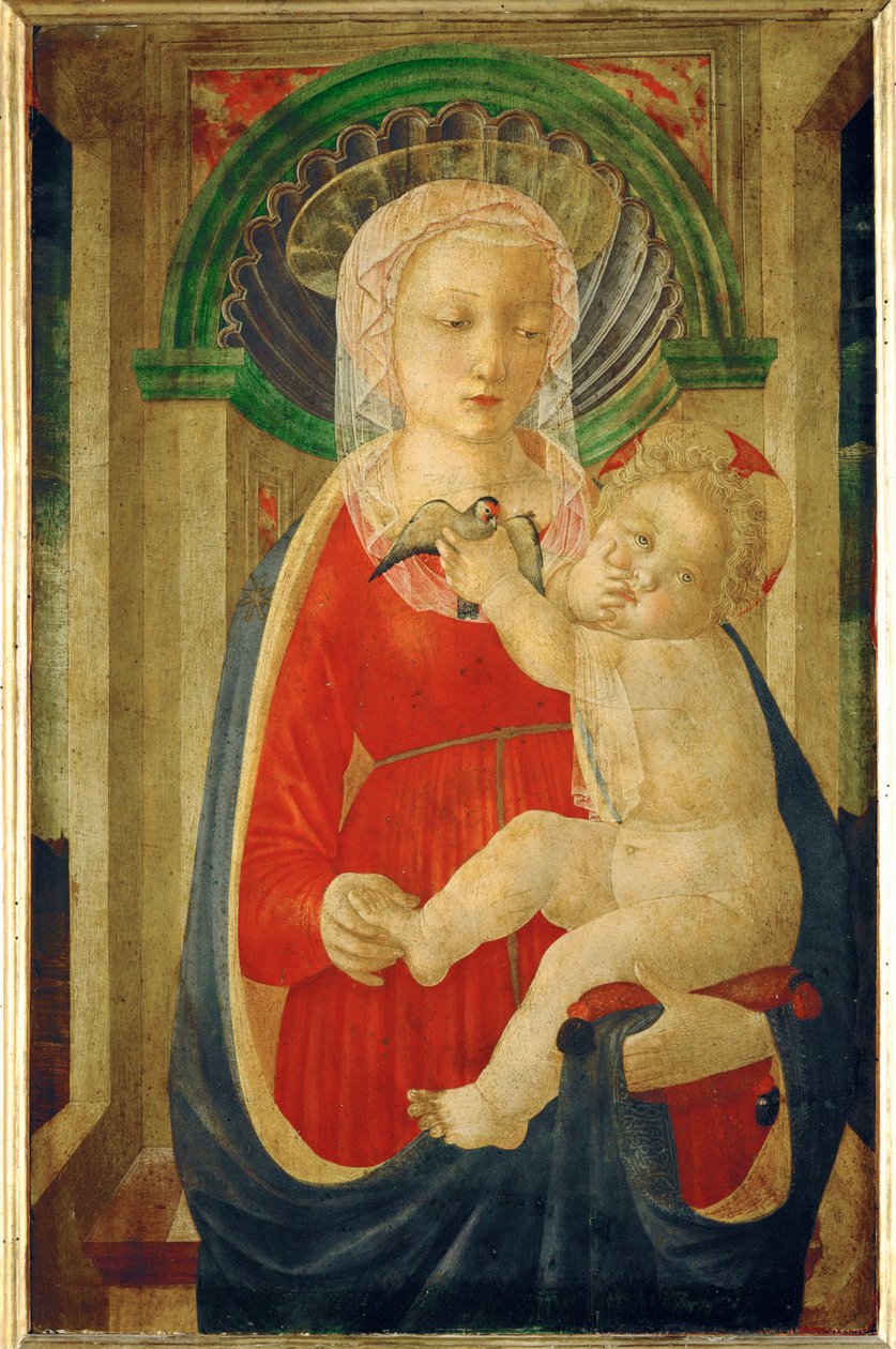 Virgen con el niño y un jilguero ... de Master of the Castello Nativity