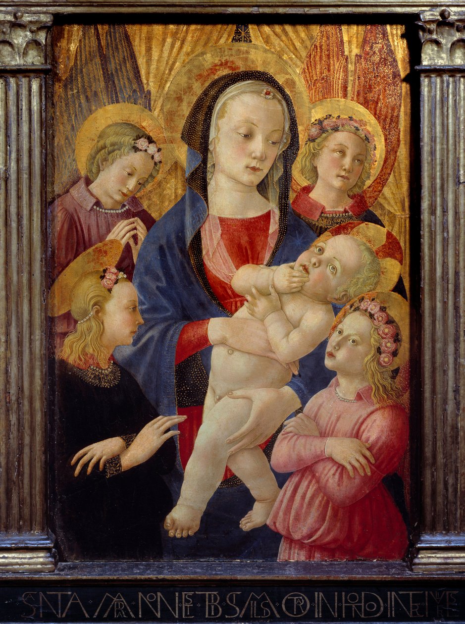 La virgen y el niño rodeados por cuatro ángeles de Master of the Castello Nativity